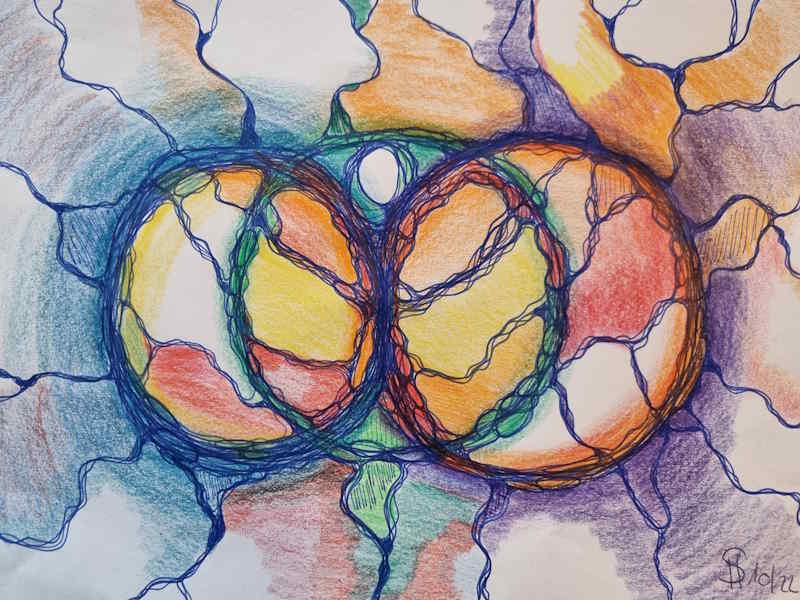 Start 5 Mittig zwei sich treffende Kreise, mit bunter Farbe und vielen Linien, lebendig gezeichnet.