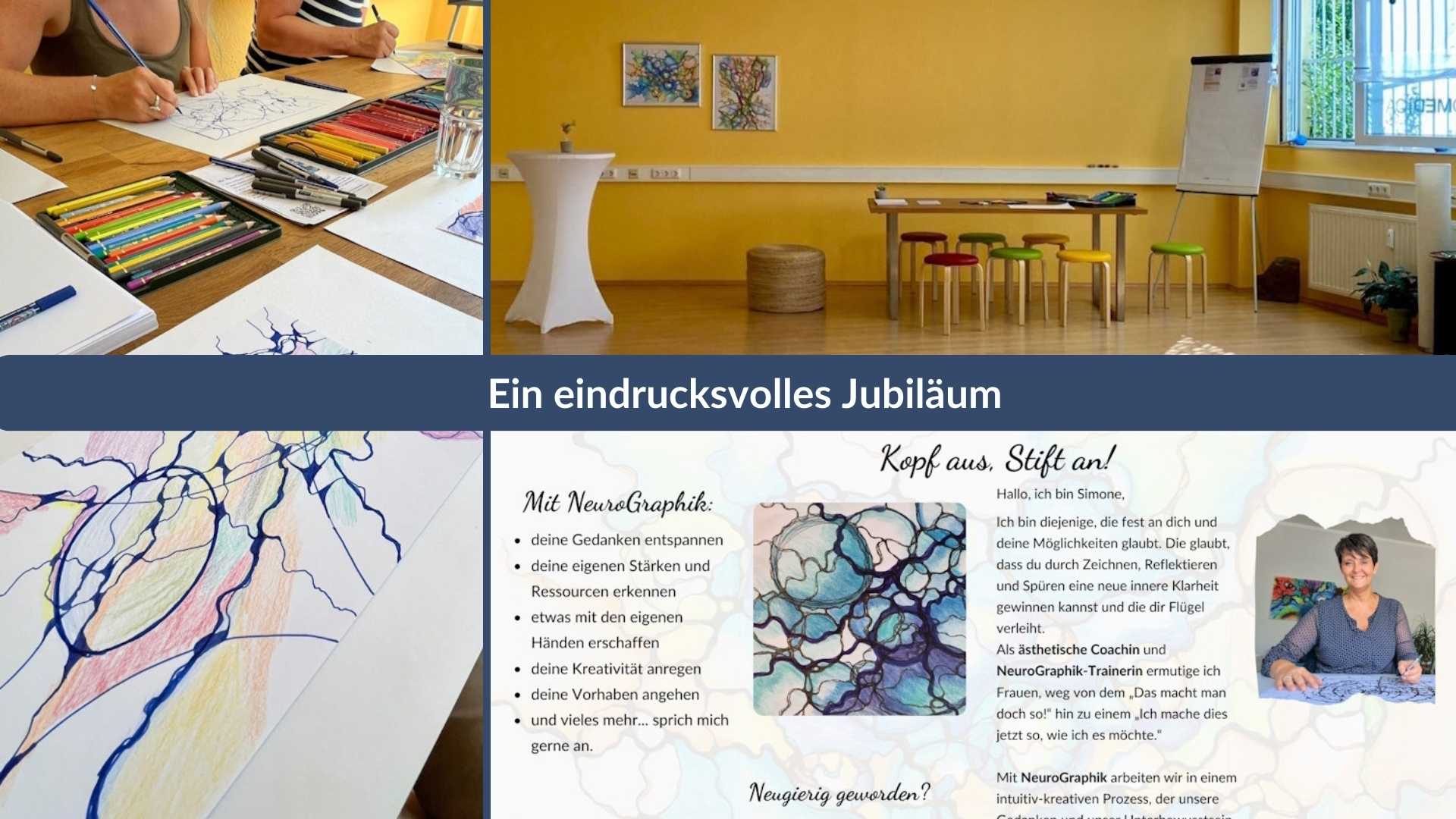 Person zeichnet mit bunten Stiften Neurographik-Muster auf Papier in einem hellen Raum mit gelben Wänden und Tischen, Text erklärt Neurographik-Technik