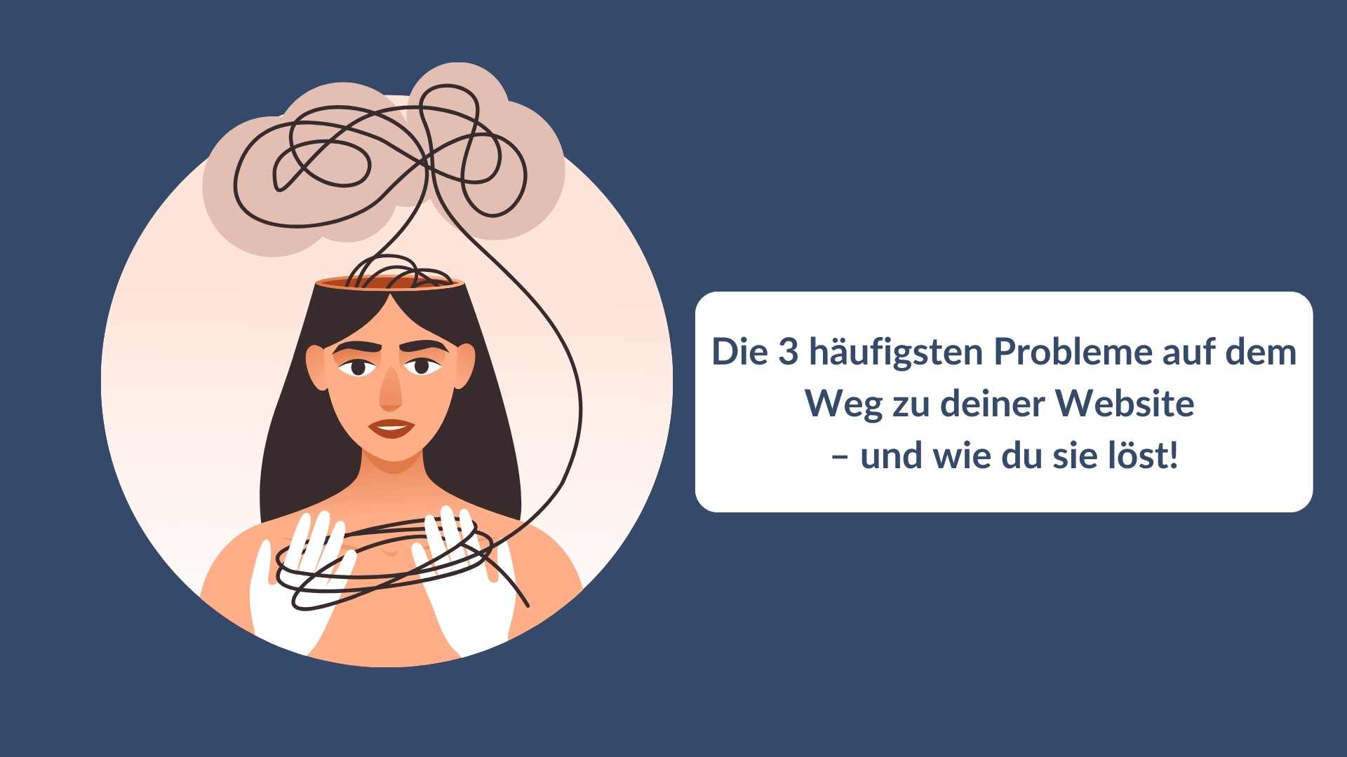 Eine Frau, die einen Knäuel Faden hält, dieser als Knoten über ihrem Kopf zusammen läuft.