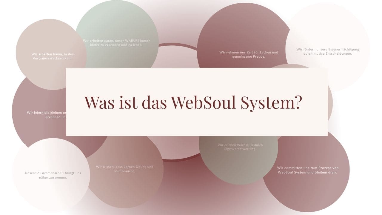 Was ist das WebSoul System? 1 Grafik mit Kreisen: WebSoul System Manifest – Werte wie Vertrauen, Wachstum, Freude und mutige Entscheidungen.