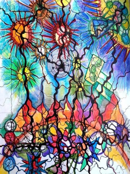 Neurographik Neurographische Zeichnung als intuitiver Jahresüberblick: farbenfrohes Großformat mit Linien, Symbolen und Energiefluss