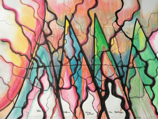 Lebendige NeuroGraphik mit leuchtenden Dreiecken, energiereichem Farbregen und Symbolen für Helligkeit.