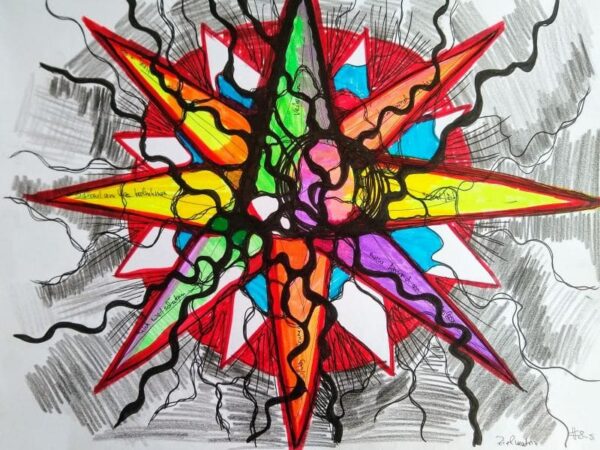 Neurographik mit farbigen Dreiecken, Spirale und kräftigen Linien