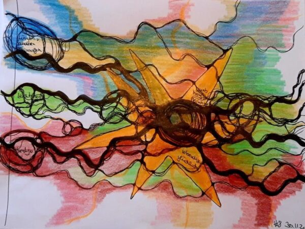 Neurographik mit abstrahiertem Zielstern, verschmelzenden Farben und vernetzten Motiven