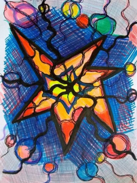 Neurographik mit Sternmotiv, farbigen Kreisen und schwarzen Linien