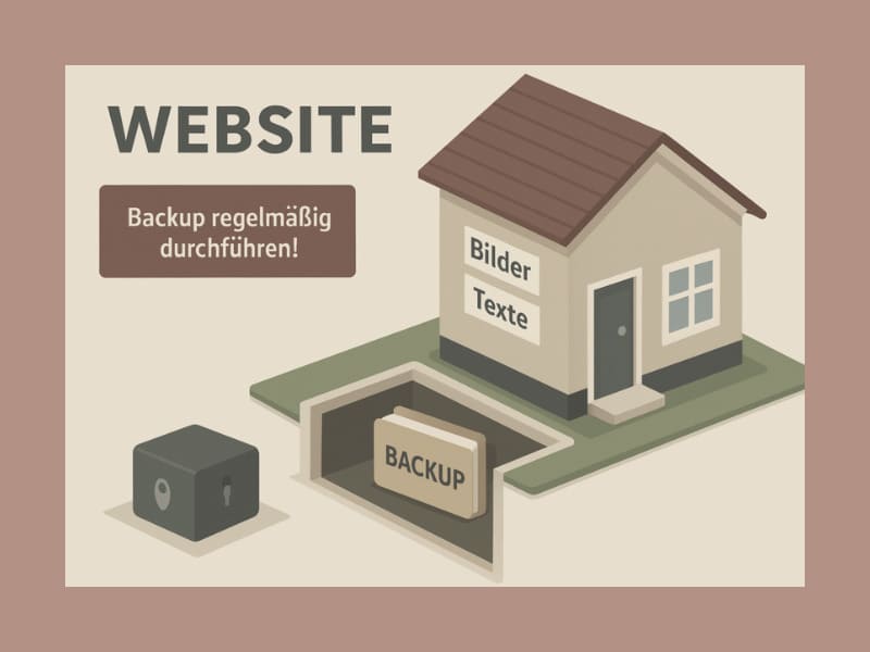 Sicherheit für deine Website – wie du Daten schützt und Vertrauen aufbaust 2 Haus mit Keller und Ordner mit Aufschrift Backup – Symbol für Website-Datensicherung.