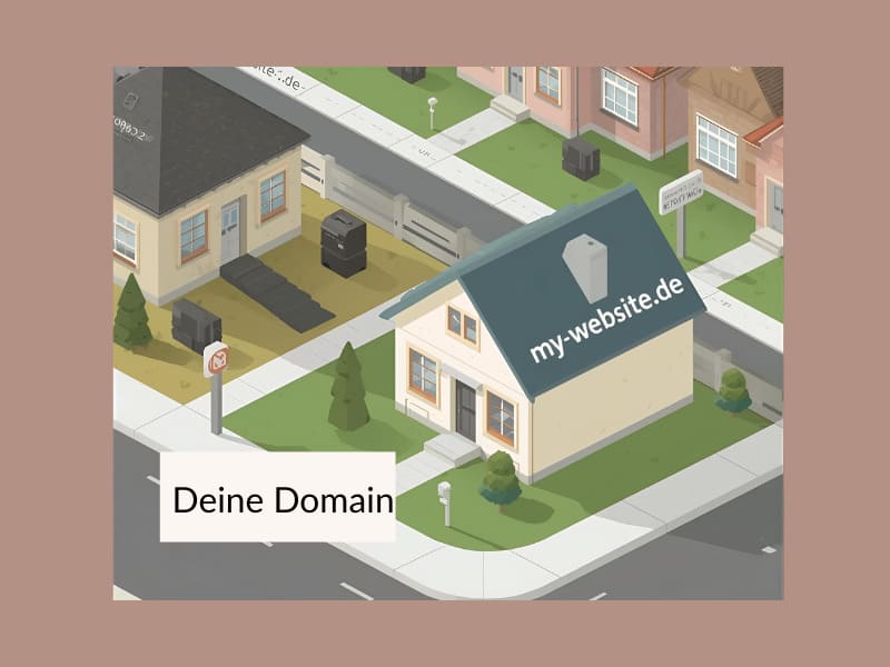 Website-Grundlagen einfach erklärt - So entsteht dein digitales Zuhause 3 Haus in isometrischer Ansicht mit Schild ‚meine-seite.de‘ – Symbol für Domain als eindeutige Adresse einer Website.