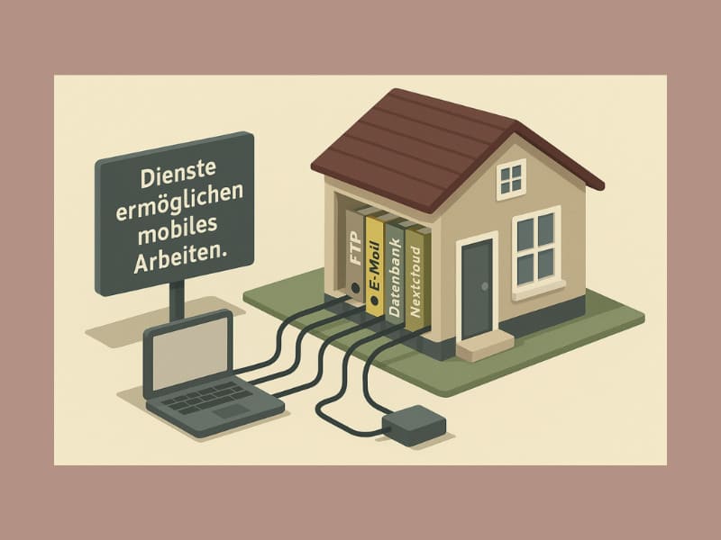 WordPress, Design und Struktur – so entsteht dein Web-Haus (3/3) 3 Isometrische Illustration: Büro im Haus mit Ordnern FTP, E-Mail, Datenbank und Nextcloud, verbunden mit Laptop – Symbol für mobiles Arbeiten.
