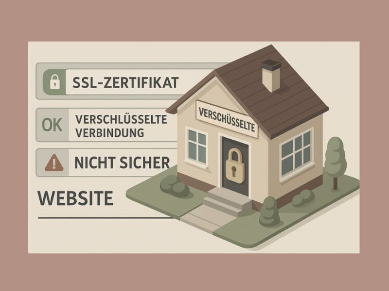 Sicherheit für deine Website – wie du Daten schützt und Vertrauen aufbaust 1 Haus mit Schloss und Schild SSL-Zertifikat – Symbol für sichere Website-Verbindung mit HTTPS.
