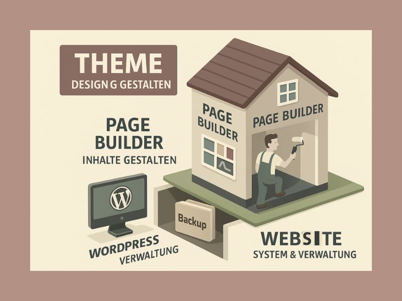 WordPress, Design und Struktur – so entsteht dein Web-Haus (3/3) 1 Isometrische Illustration: Haus mit Etagen für WordPress, Theme und Page Builder – Symbol für Website-Aufbau.