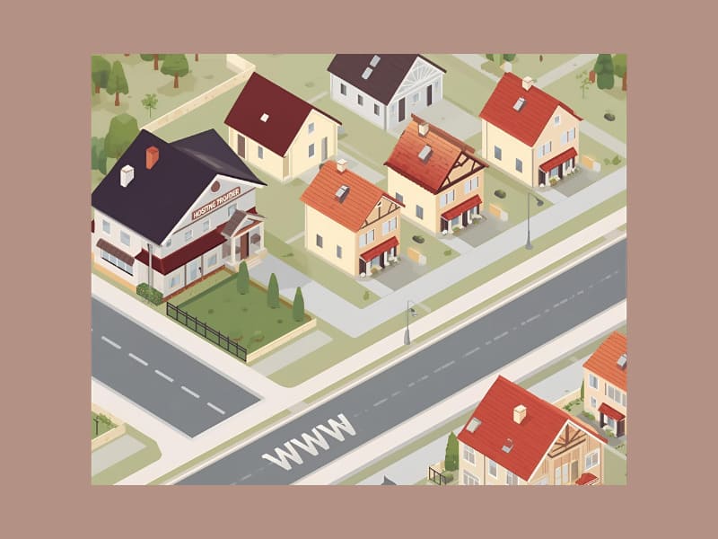Website-Grundlagen einfach erklärt - So entsteht dein digitales Zuhause 1 Isometrische Illustration: Wohnsiedlung mit Häusern, der Hosting-Anbieter – Sinnbild für das Website-Hosting als Basis der Internetpräsenz.