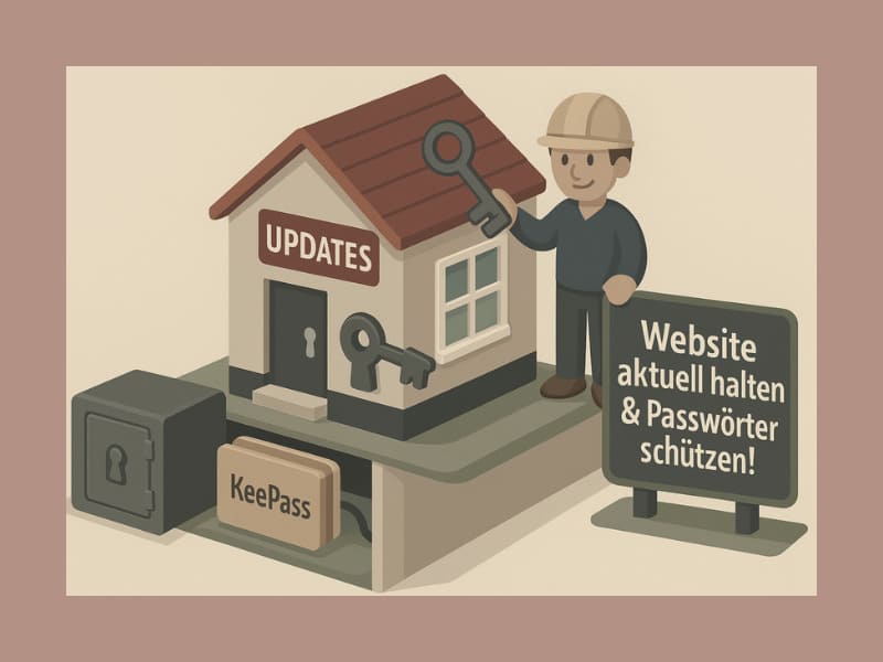 Sicherheit für deine Website – wie du Daten schützt und Vertrauen aufbaust 3 Isometrische Illustration: Haus mit Handwerker für Updates und Tresor mit KeePass – Symbol für Wartung und Passwortschutz.