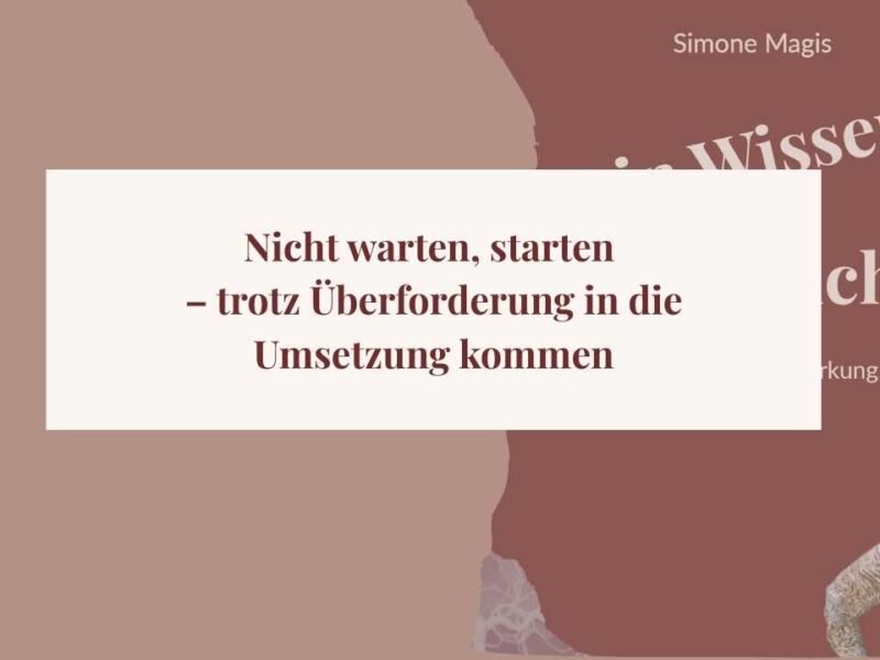 Grafik mit dem Titel ‚Nicht warten, starten – trotz Überforderung in die Umsetzung kommen‘ in den WebSoul-Farben.