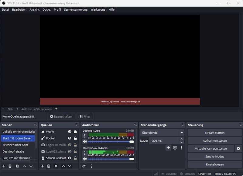 10 Tools für deine Online-Präsenz – was du wirklich brauchst 4 OBS Studio Oberfläche mit Szenen, Audiopegeln und Aufnahme-Steuerung für Podcast- und Videoaufnahmen