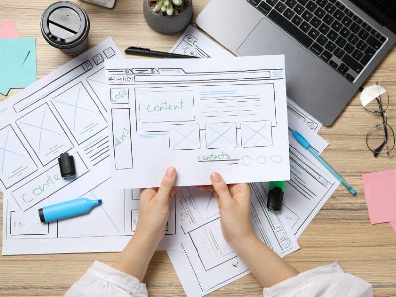 Start 4 Hände halten Website-Skizzen mit Seitenstruktur und Wireframes auf einem Schreibtisch