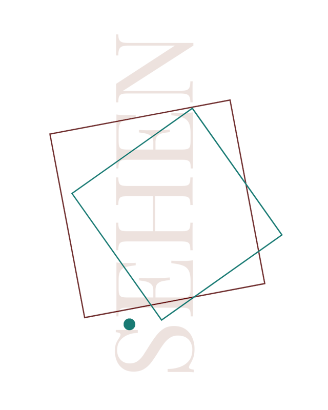 Start 1 Abstraktes Schriftmotiv „Sich sehen“ mit überlagerten geometrischen Formen in Dunkelrot und Türkis.